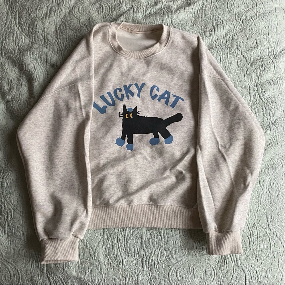 Gray and Black Lucky Cat Silhouette Pullover Sweatshirt Hoodie Sweater OS Light